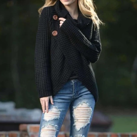 MIRACLE Black Cowl Neck Waffle Knit Long Sleeve Sweater M/L - Picture 9 of 11